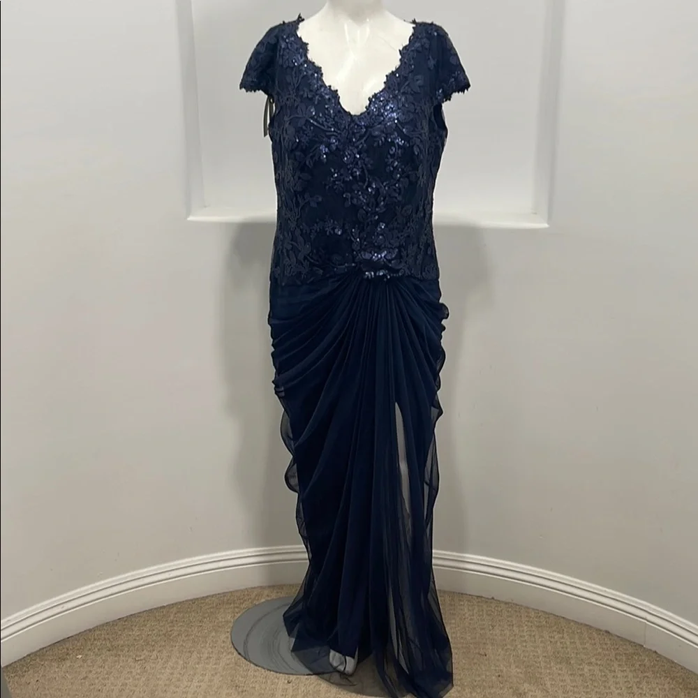 Tadashi Shoji Too Navy Embroidered Lace Evening Gown Tulle Skirt Size 16 Q NWT - Picture 14 of 16